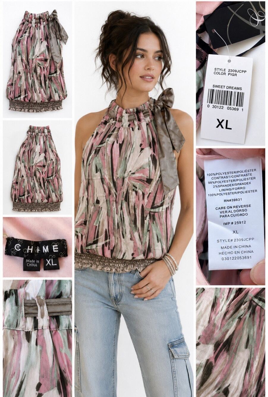 NWT Y2K Indie 2000s Boho Resort CHIME Halter Tie-Neck Top XL Pink Green Abstract